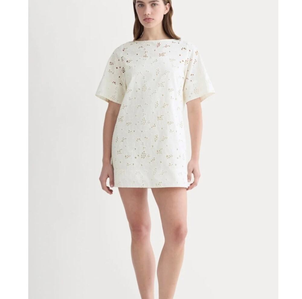 Everlane White Eyelet Mini Shift Dress NWT Organic Cotton V-Back Tie - XS